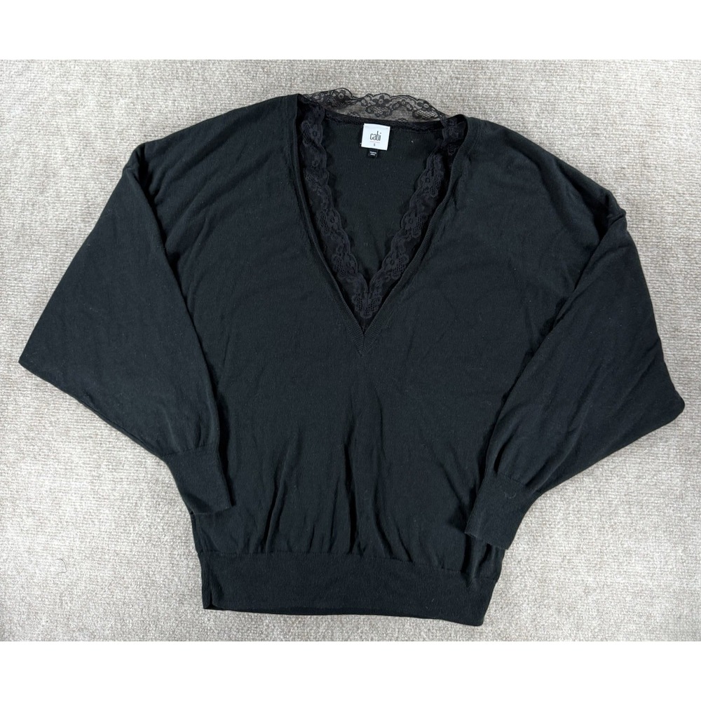 Cabi Black Lace Trim V-Neck Dolman Sleeve Sweater Top‎ Women's Small Style 5632